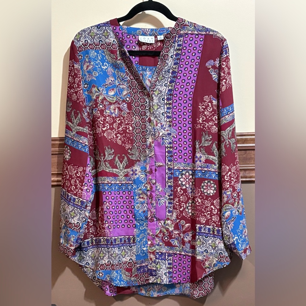 💠 Joan Rivers Lightweight Patchwork Print Textured Blouse Size 12